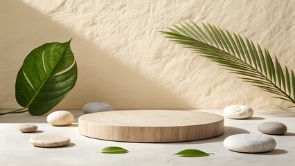 Elevate your brand with this natural product display featuring minimalist zen stones and vibrant green leaves