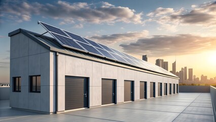 Modern warehouse with solar panels offers sustainable energy solutions in vibrant city landscape at sunset