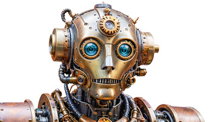 Robot composed of vintage metal gears and machine parts, steampunk style, isolated on white background.