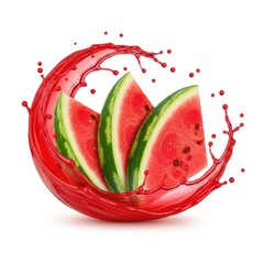 Watermelon Slices with Splash of Juice, Fresh Fruit Isolated on White Background