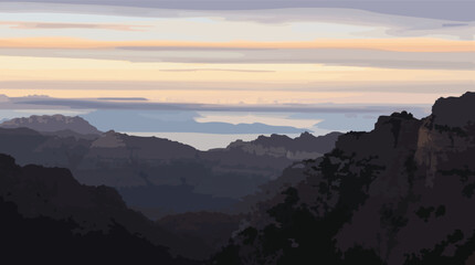 Deep Mountain Gorge with Layered Peaks and a Hazy Horizon at Dusk mountains canyon.