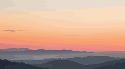 Distant Mountain Ranges Silhouetted Against a Warm Sunset Sky landscape mountains.