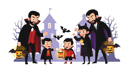 Halloween Night: Two Families Trick-or-Treating: Two families, dressed as vampires, embark on a spooky Halloween adventure.