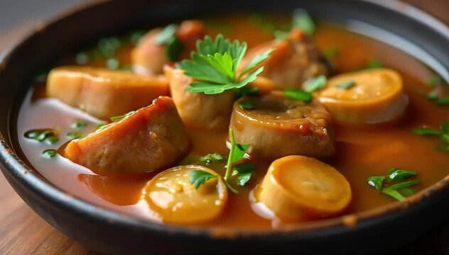 Close up of tender baeckeoffe meat chunks resting in rich broth with herbs visible 