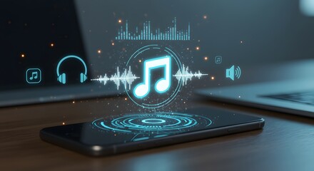 Digital music streaming concept with glowing sound waves, headphones, and mobile device display.