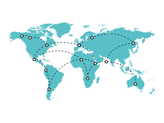 Teal world map with dotted lines connecting continents, illustrating a global network, travel, and communication. © hudhi