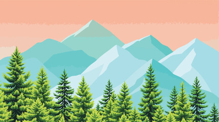 Fototapeta premium Stylized Mountain Peaks and Evergreen Forest Under a Peach Colored Sky.