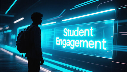 Silhouette of a person with a backpack looking at a futuristic digital screen displaying 'student engagement'