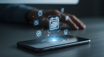 Digital planning and scheduling concept with glowing icons emerging from a smartphone screen.