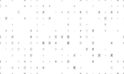 Seamless background pattern of evenly spaced black crossed tennis rackets symbols of different sizes and opacity. Illustration on transparent background