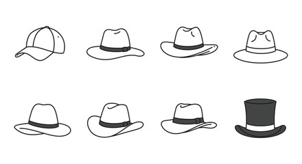 Collection of diverse hat styles presented in simple black and white outlines