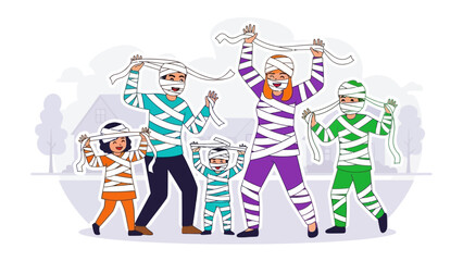 Halloween Mummy Family Celebration: A family joyfully celebrates Halloween, dressed as mummies in a flat illustration style. Capturing the festive mood and seasonal fun.