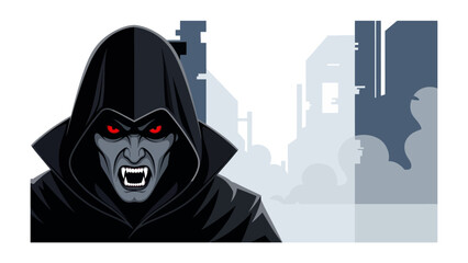 Mysterious Figure in Dark: A hooded figure with glowing eyes and sharp fangs, shrouded in darkness, looms over a blurred cityscape, casting an aura of mystery and foreboding. 