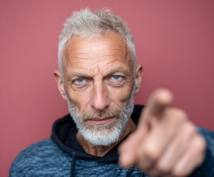 Close-up portrait of a mature man with a serious expression, pointing directly at the viewer.  A strong sense of directness and intensity is conveyed through the man's expression and gesture.