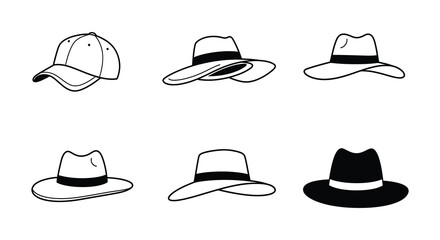 Black and white outline illustrations of various hat styles displayed neatly