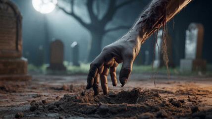 Zombie hand crawls out of the ground at night in the cemetery