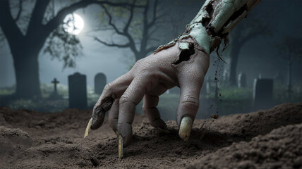 Zombie hand crawls out of the ground at night in the cemetery
