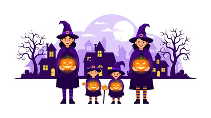 Halloween Family Gathered: A family, donned in charming witch costumes, joyfully presents radiant pumpkin lanterns, against a spooky backdrop of an old.
