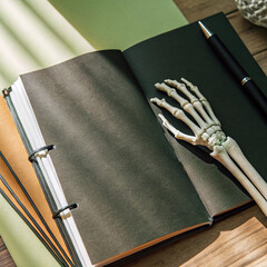 black sketchbook with a skeleton hand