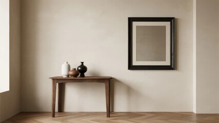 Minimalist interior with wooden console table, decorative vases, and framed artwork on a beige wall