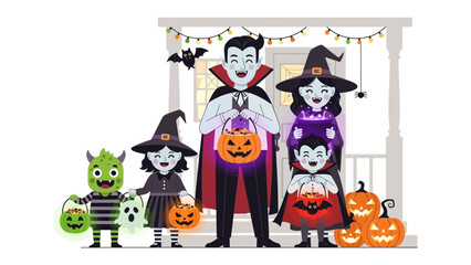 Spooky Halloween family fun: A cheerful family embraces the spirit of Halloween with playful costumes, trick-or-treat bags, and carved pumpkins.