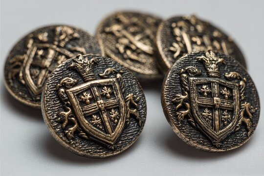 Close-up of several round, decorative buttons.  Each features a detailed coat of arms design, including a shield, crown, and stylized animals.  Buttons are bronze/gold toned