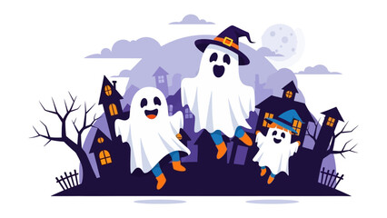 Ghostly Gathering: A playful illustration captures the whimsical charm of Halloween, showcasing friendly ghosts floating amongst spooky haunted houses under a moonlit sky.