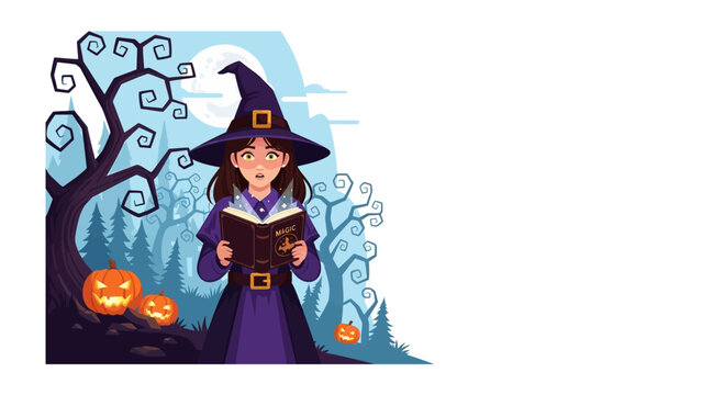 Mystical Witch in the Moonlight: A captivating witch stands in a enchanting landscape beneath a moonlit sky, absorbed in reading from an ancient spellbook. With a pumpkin by her side.