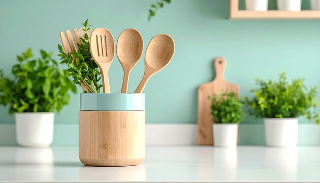 Kitchen utensil holder in a mint green kitchen