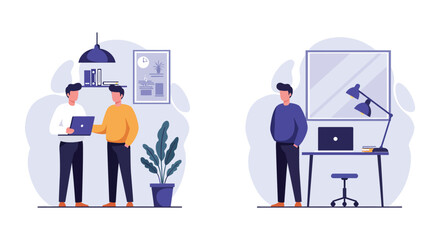 Modern workspace illustration featuring two men collaborating and a desk setup