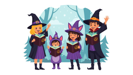 Children's Halloween Costume: A group of children dressed in Halloween costumes, each holding a spell book, creating an atmosphere of fantasy and magic amidst a spooky forest backdrop. 