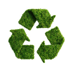 Green recycling symbol made of lush grass against a stark black background symbolizing environmental sustainability