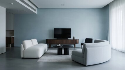 Modern minimalist living room with light gray sofas, wooden TV console, and large windows
