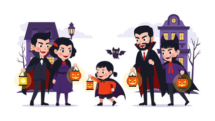 Halloween Night: A family of vampires are gathered with kids in vampire costume carrying jack o lanterns as they walk around the spooky night and the dark streets.