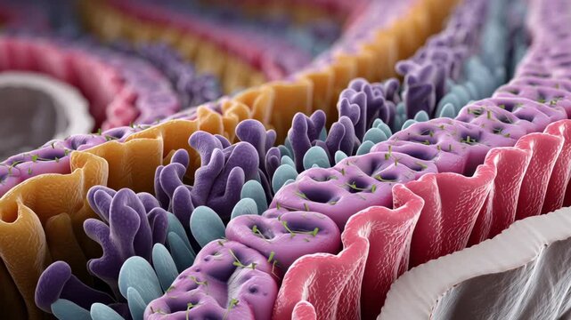 Colorful villi gut lining microscopic detail soft focus organic texture medical concept pink villus purple villus blue villus gut