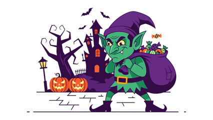 Spooky Goblin's Trick or Treat Haul: A vibrant cartoon illustration captures a mischievous goblin amidst the eerie setting of a Halloween night.