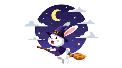 Whimsical Witch Bunny: A charming illustration of a playful bunny witch soaring across a starry night sky on a broom. 
