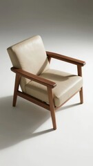Modern armchair with wooden frame and beige leather upholstery