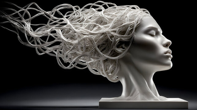 A human head exploding with chaotic wires, symbolizing sensory overload and mental strain