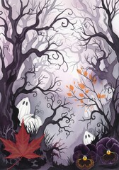 Enchanted Forest Whimsical Halloween Art with Pumpkins, Ghosts, and Autumn Leaves for Spooky Season Decor