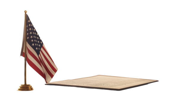 Miniature American flag in realistic style placed on desk or table highlighting national identity, celebration, and patriotic symbolism isolated on transparent background PNG