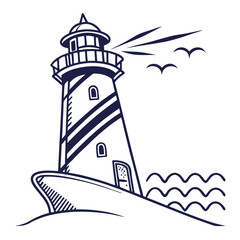Coastal Beacon Striking Lighthouse Illustration with Birds in Flight