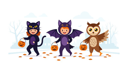 Halloween Trio's Trick-or-Treating: Three adorable children in charming costumes—a cat, a bat, and an owl—eagerly embark on their trick-or-treating adventure.
