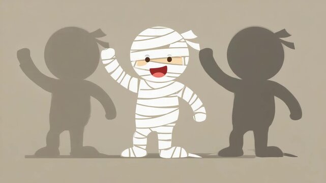 Funny mummy cartoon shadow waving, flat vector 