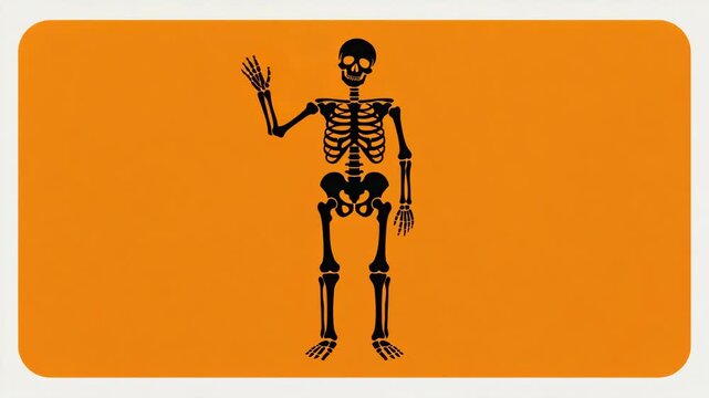 Cartoon skeleton silhouette waving, flat Halloween vector 