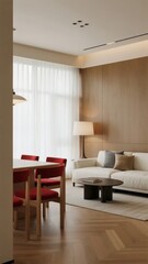 Modern living room with wooden flooring, white sofa, red dining chairs, and large window with sheer curtains