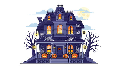 Spooky Haunted House at Night: A captivating illustration of a classic haunted house, adorned with spooky decorations under a full moon, creating an eerie and atmospheric Halloween scene.