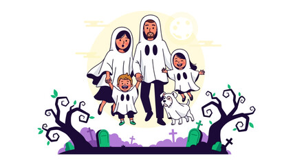 Obraz premium Halloween Family Portrait: A festive and heartwarming illustration of a family dressed as ghosts, surrounded by Halloween decorations.