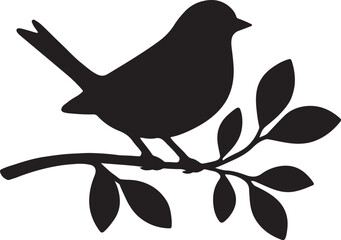 Bird Silhouette on Branch with Leaves Vector Illustration