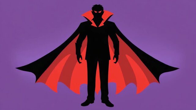 Dracula silhouette with flowing cape in flat vector styleFlat vector vampire silhouette with glowing eyes 